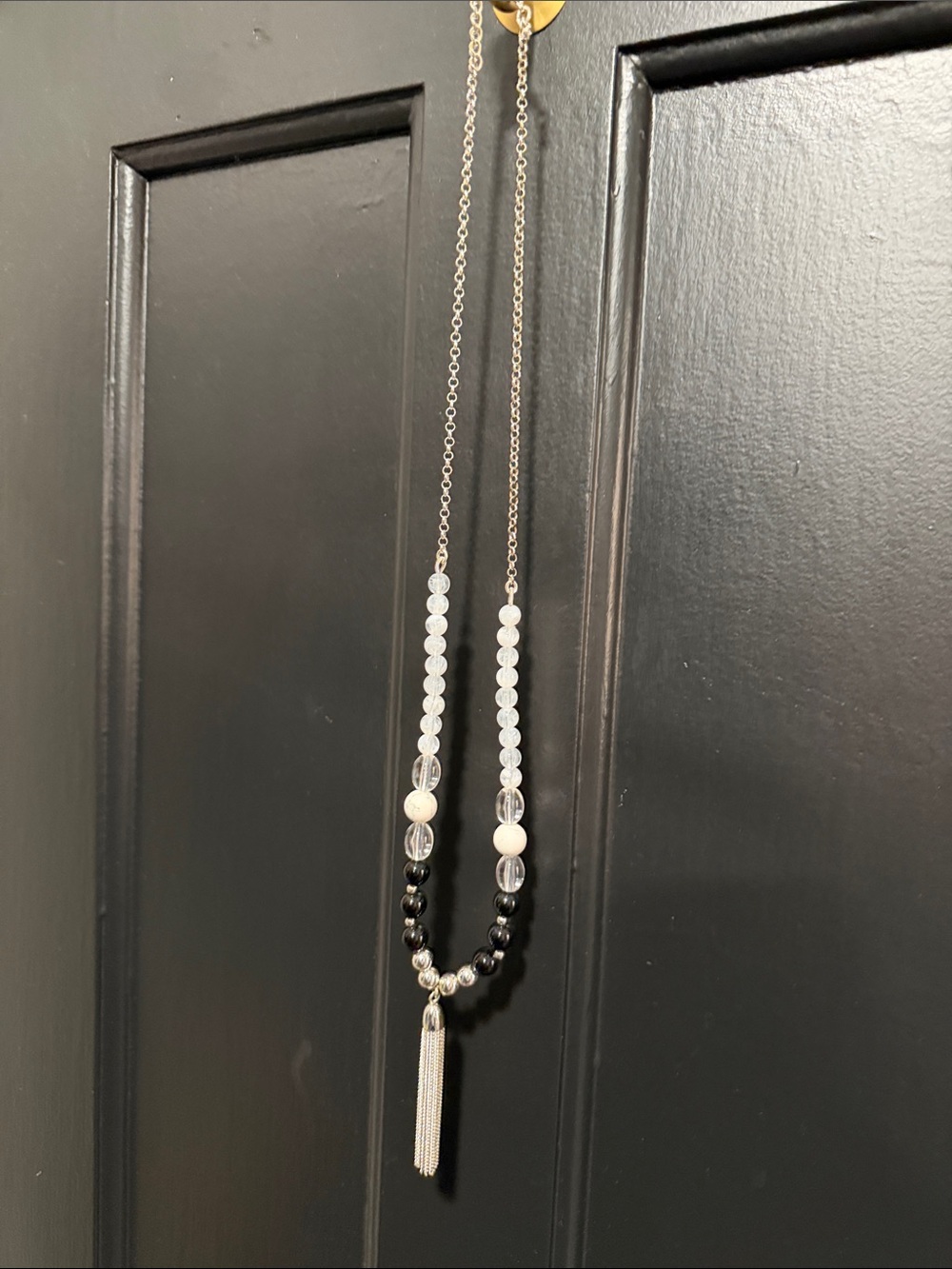 Beaded Tassel Pendant Necklace in Black & White